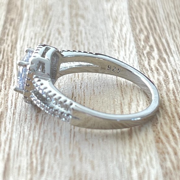 Round White Sapphire Halo Ring w/ Split Shank - 925 Sterling Silver - Picture 2 of 5